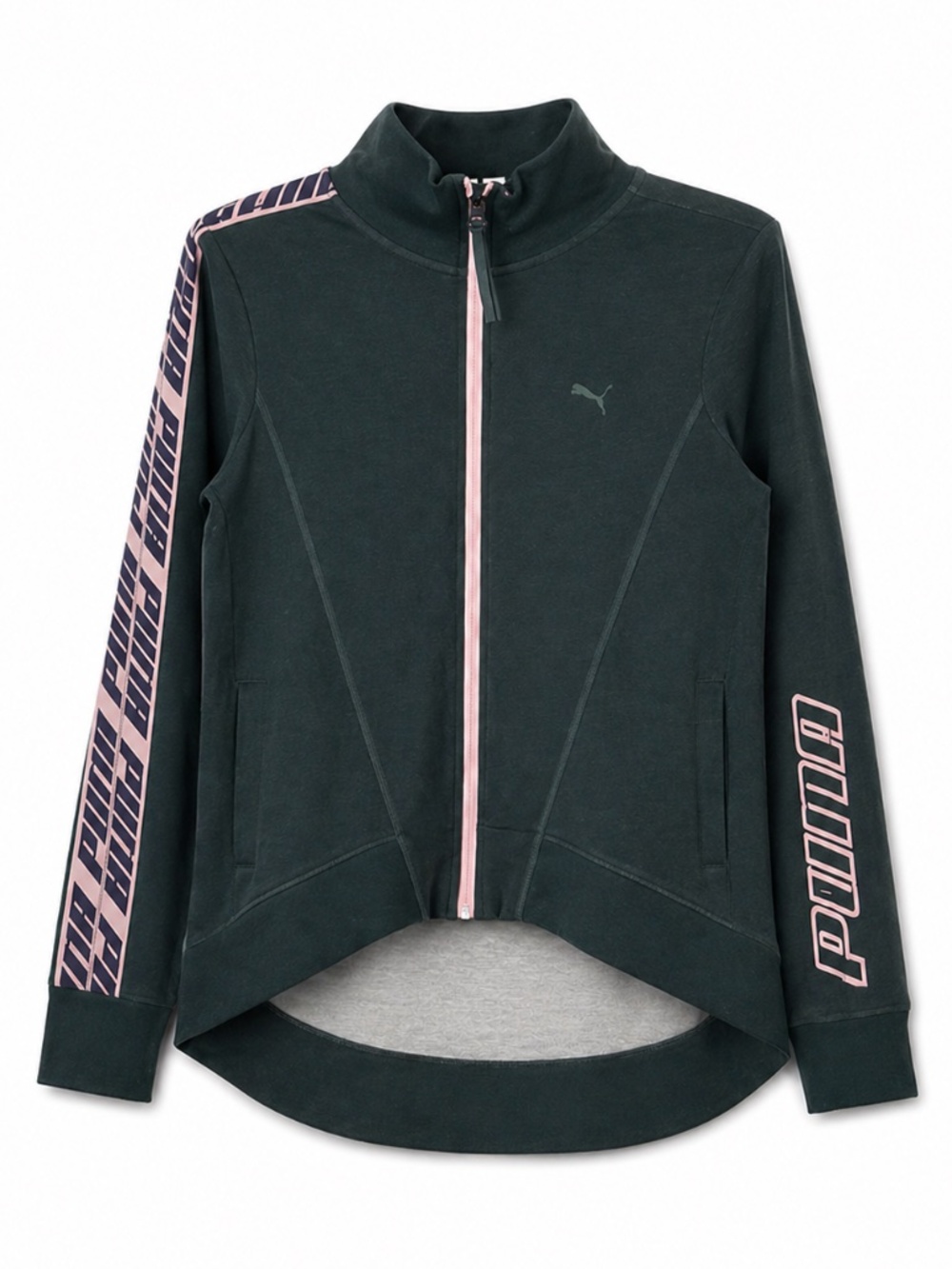 Puma Dark Green Zip-Up Sweatshirt Baby Pink Trim – Size Small EUC